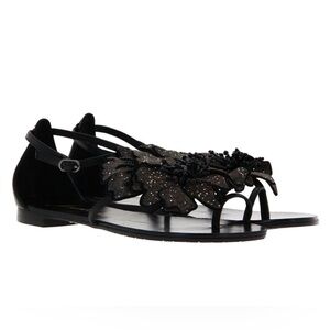Lola Cruz Black Beaded Flower Thong Sandals